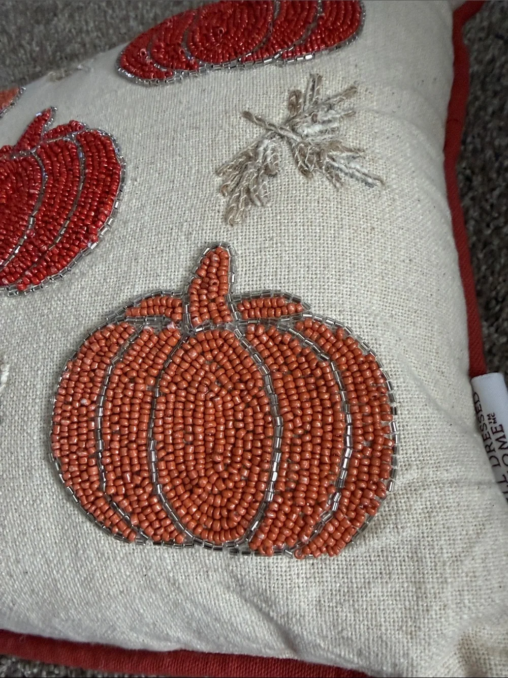 Beaded Pumpkin Accent Pillow - Red & Orange on Cream